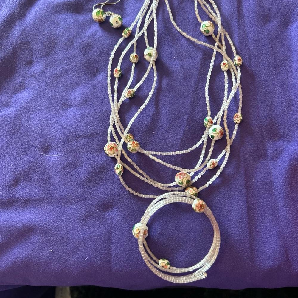 Vintage White Beaded Multi-Strand Necklace with Floral Accent Beads
